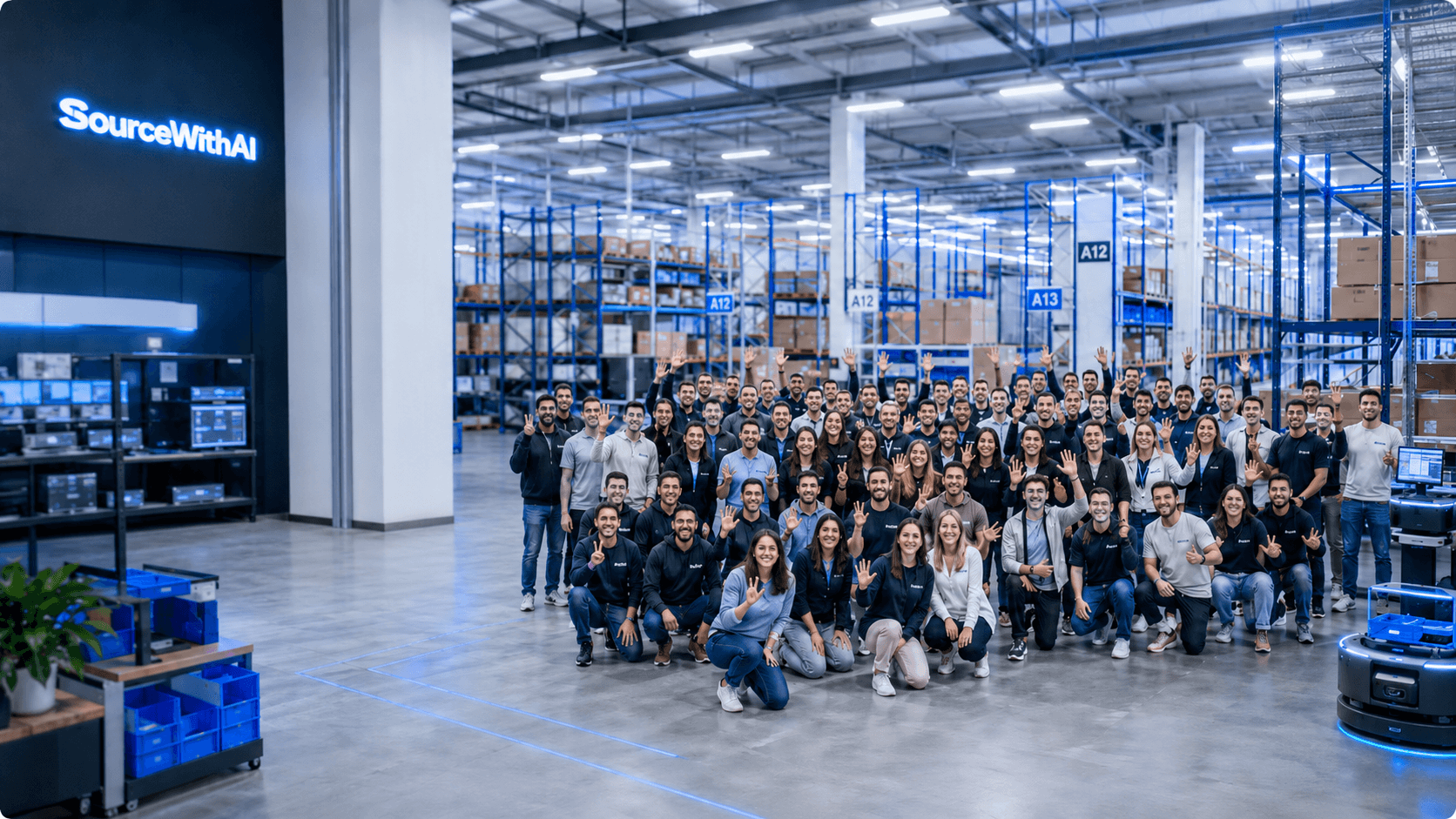 SourceWithAI team standing together in a warehouse.
