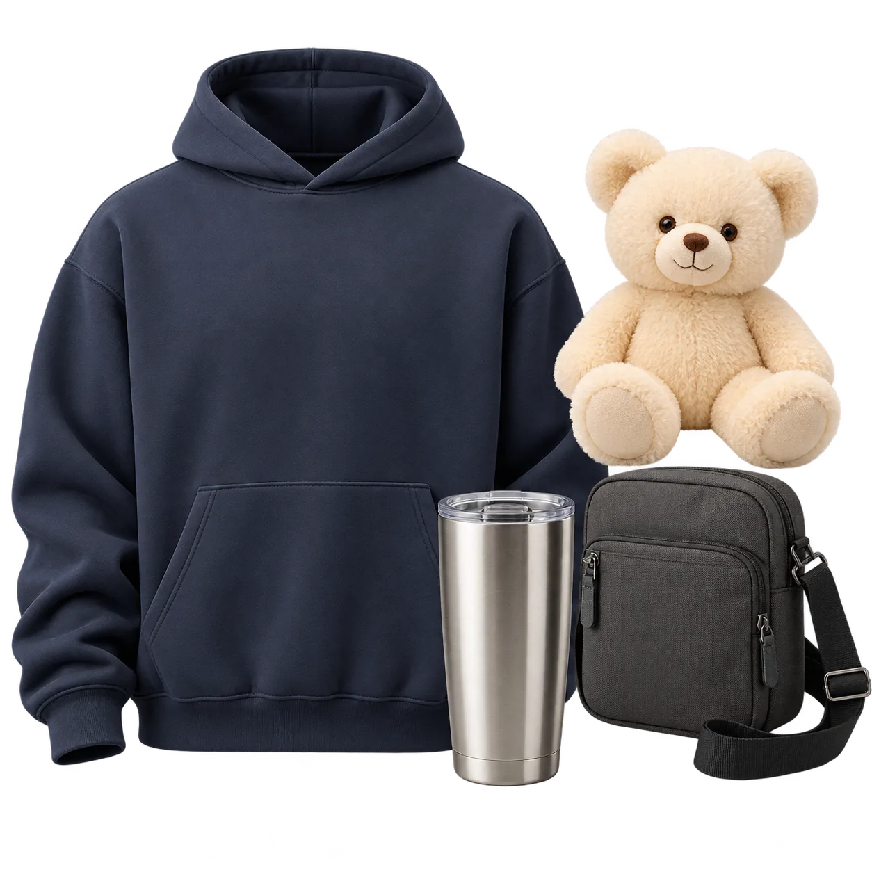 Unbranded premium navy hoodie, cream plush collectible, charcoal crossbody bag, and stainless steel tumbler